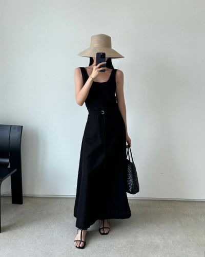 Designed color matching slim sleeveless long dress