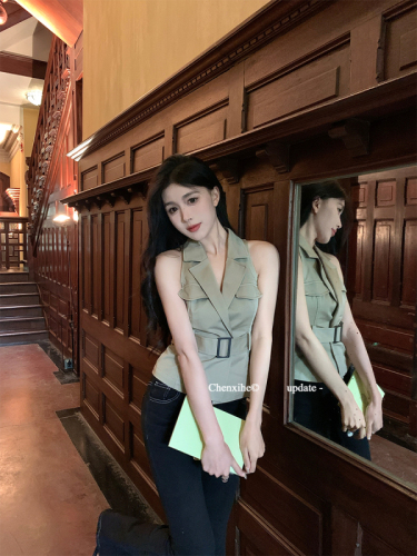 Khaki lapel belt short top for women summer retro hot girl design slim vest