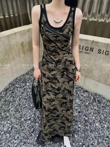 Retro fashion camouflage pattern design stitching zipper vest long skirt slim slim suspender dress women summer