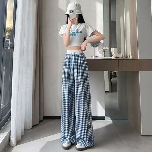 Plaid wide-leg trousers for women in summer, thin, slim, loose, high-waisted casual pants, drawstring, versatile floor-length trousers