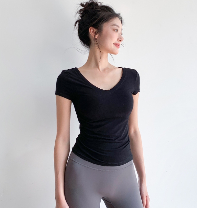 Sports short-sleeved women's summer thin tight-fitting right-shoulder slim v-neck yoga T-shirt running training fitness top