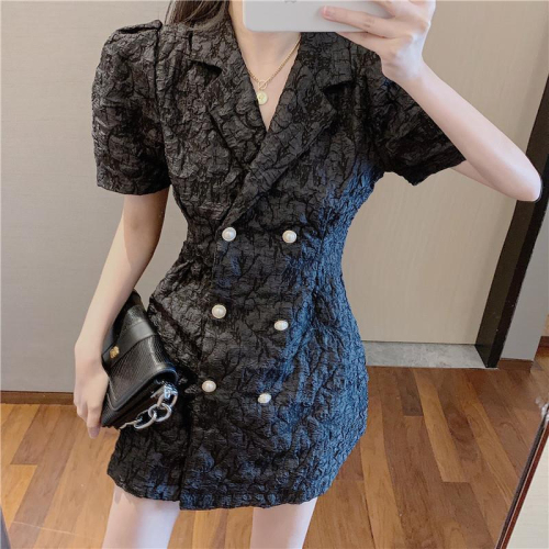 Suit dress 2024 summer new style French style short-sleeved waist slimming white puff sleeve short skirt for women