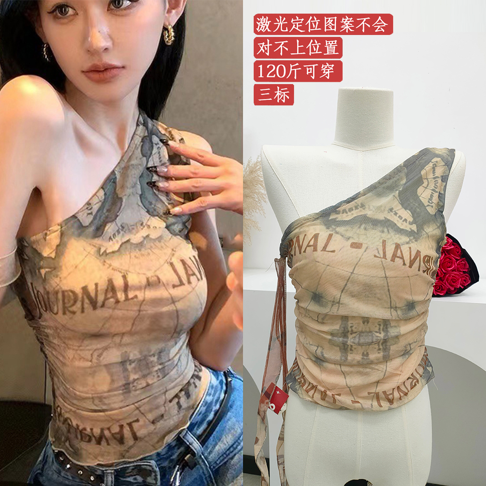 Skk Store Art Hot Island American graffiti printed one-shoulder T-shirt summer vest temperament top for women