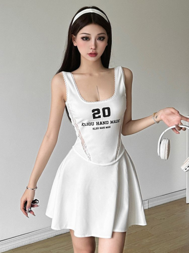 Letter printed lace hollow waist exposed suspender skirt slim and versatile hot girl dress