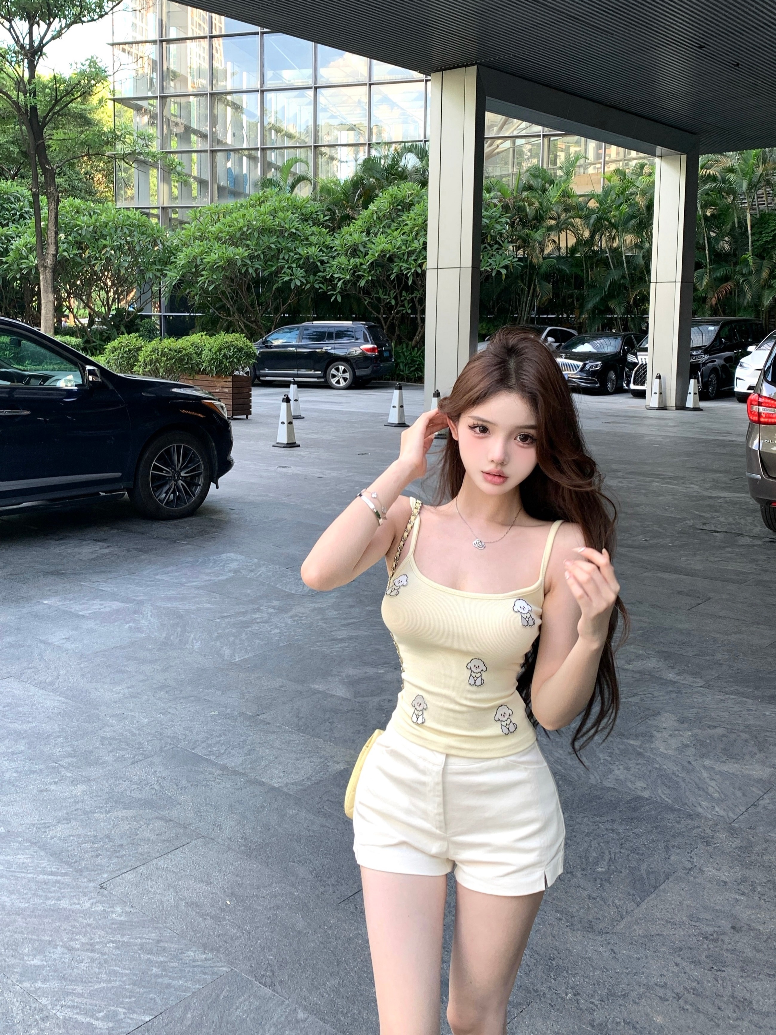 Actual shot of Pure Desire Guaiguai Custard Bag with 3D Embroidery Cute Puppy Slim Fit Soft Wax Suspender for Summer Women