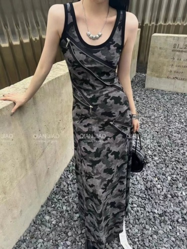 Retro fashion camouflage pattern design stitching zipper vest long skirt slim slim suspender dress women summer