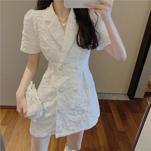 Suit dress 2024 summer new style French style short-sleeved waist slimming white puff sleeve short skirt for women