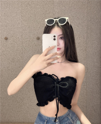 2024 summer slim-fitting one-line wrapped chest with lace retro tube top for women