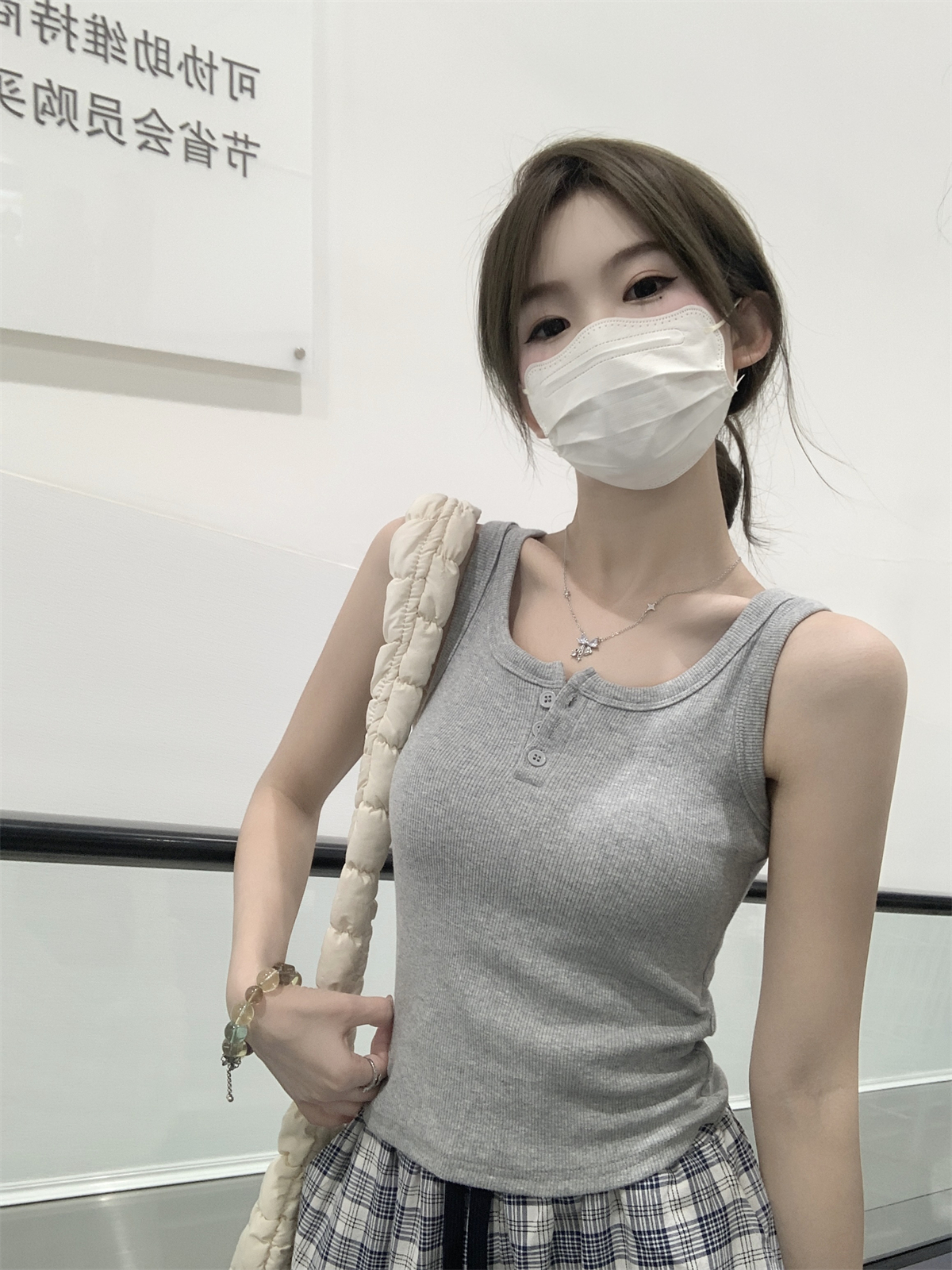 Real shot Summer Korean style slim square collar button I-shaped solid color versatile cotton vest top for women