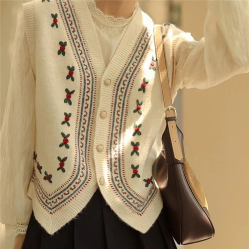 French retro v-neck embroidered knitted vest for women, autumn design, layered sweater, cardigan vest top