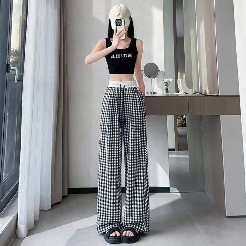 Plaid wide-leg trousers for women in summer, thin, slim, loose, high-waisted casual pants, drawstring, versatile floor-length trousers