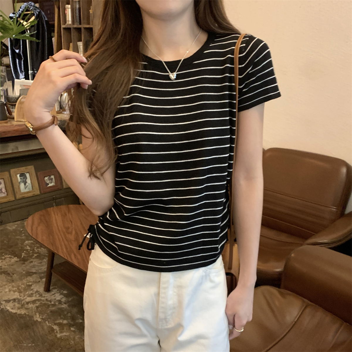 Actual shot of summer Korean style loose contrast striped drawstring bamboo linen versatile sweater short-sleeved top