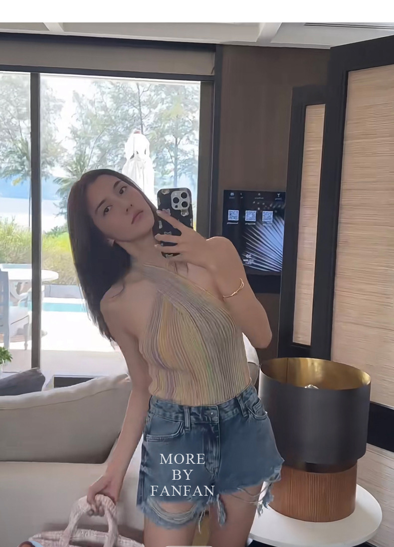 Good Morning Fanfan Section Dyeing Gradient Oblique Shoulder/Crossover Halter Vest Women's Summer Design Niche Slim Top