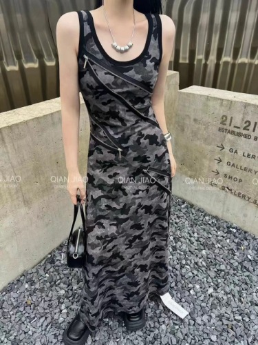 Retro fashion camouflage pattern design stitching zipper vest long skirt slim slim suspender dress women summer