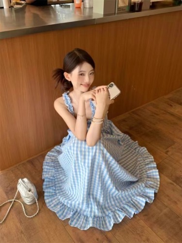 Sea salt ice cream fungus plaid long suspender dress fresh summer sweet retro dress