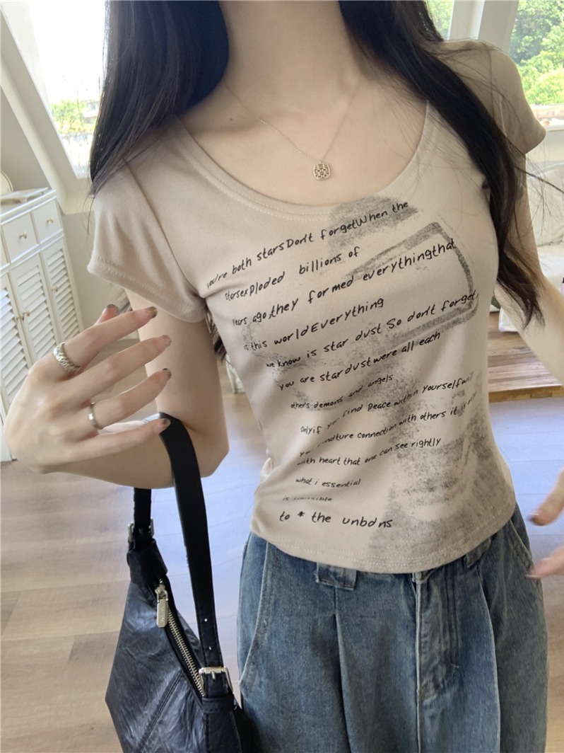 實拍 真 夏季辣妹印花復古正肩T恤女修身短款上衣