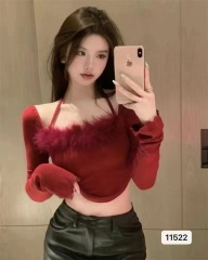 2024 Fall New Design-Savvy Spice Girl Style Neckless Shoulder-Strap Plush Collar High-Waisted Long-Sleeve Top