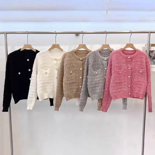 South Korea Dongdaemun Women's Clothing 2024 Autumn New Crocheted Round Neck Single-Breasted Long-Sleeved Sweater Small Fragrance Style Women