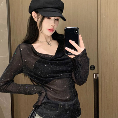 Original fabric Hot girl sexy swing collar long-sleeved T-shirt women's new pure desire slimming micro-transparent fine glitter bottoming top