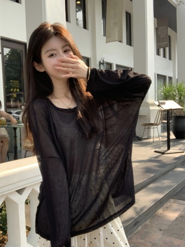 Cross back design sun protection long-sleeved T-shirt for women summer 2024 new versatile loose slightly see-through casual top