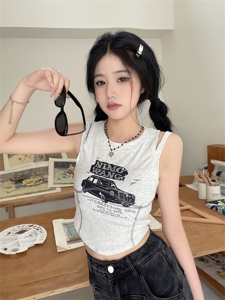 Odell fine cotton rib summer vest American retro sweet hottie short slim sleeveless top for women