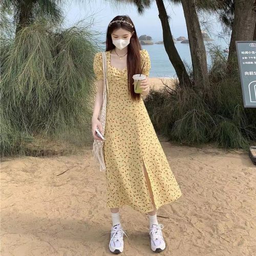 French yellow floral dress women's spring new high-waist slim slit skirt A-line mid-length skirt