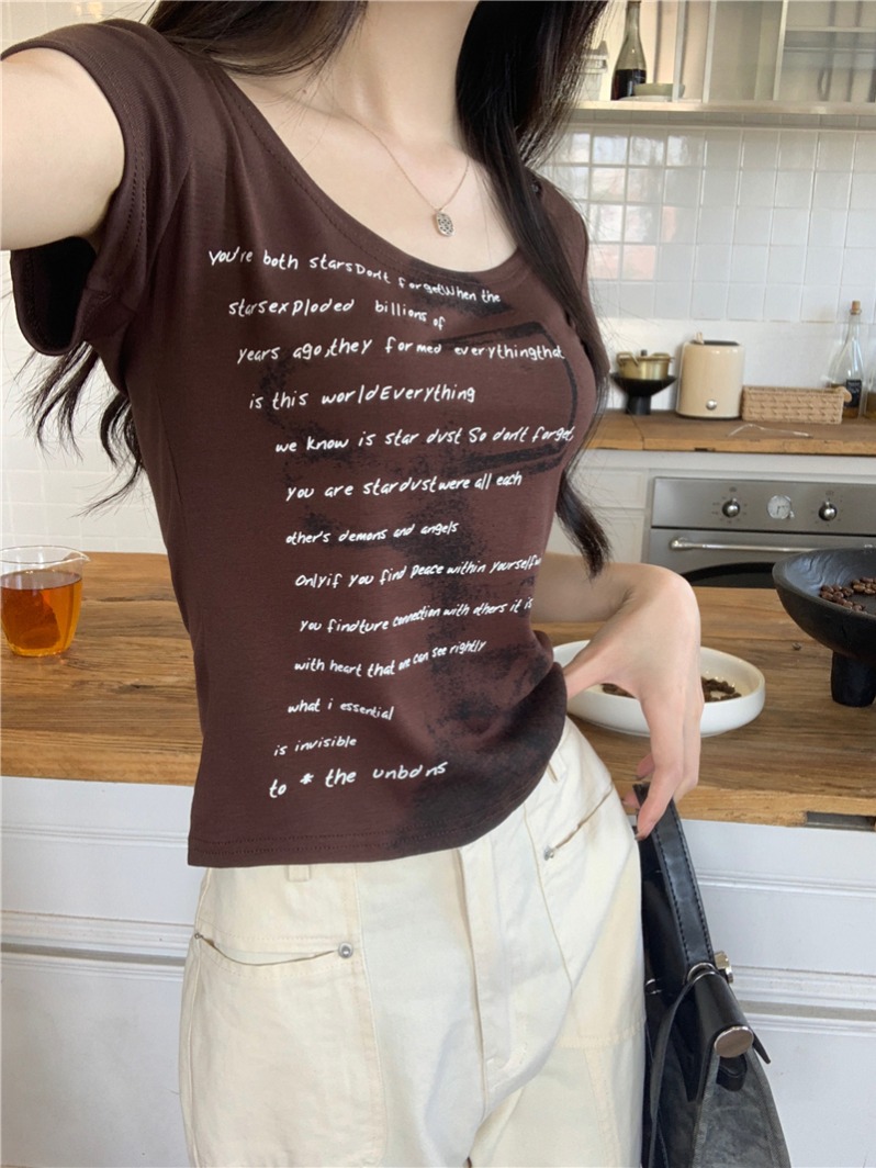 Real shot, real summer hot girl print American retro right shoulder T-shirt slim crop top