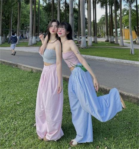 Real shot of high-waisted wide-leg pink striped casual pants and blue versatile loose-fitting casual pants