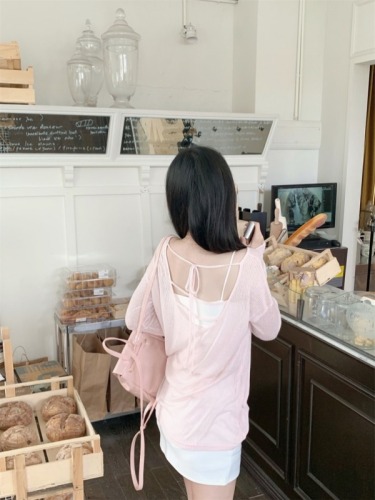 Pink sweet and spicy style back hollow lace-up T-shirt long-sleeved slightly see-through sun protection blouse for women summer slim outer top