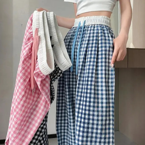 Plaid wide-leg trousers for women in summer, thin, slim, loose, high-waisted casual pants, drawstring, versatile floor-length trousers