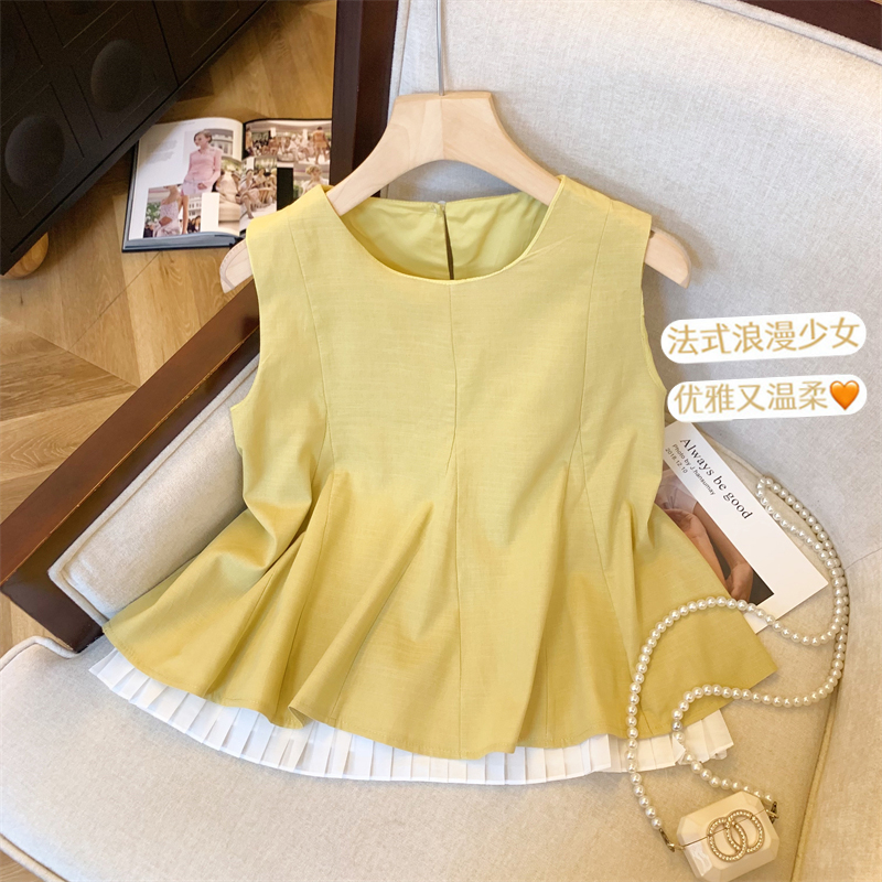Korean fashion simple solid color fake two-piece vest for women in summer sweet and age-reducing loose pleated versatile outer top