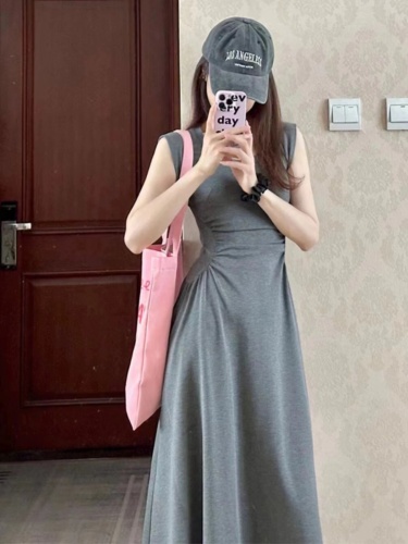 French royal lady small flying sleeve dress women's summer high-end niche design gray pleated waist long skirt