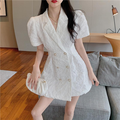 Suit dress 2024 summer new style French style short-sleeved waist slimming white puff sleeve short skirt for women