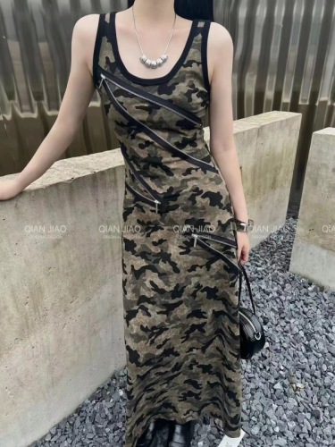 Retro fashion camouflage pattern design stitching zipper vest long skirt slim slim suspender dress women summer