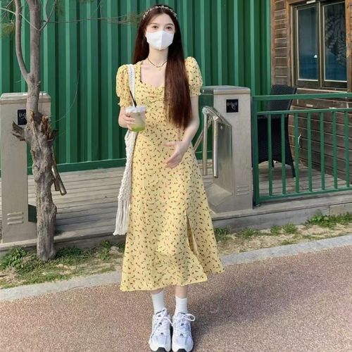 French yellow floral dress women's spring new high-waist slim slit skirt A-line mid-length skirt