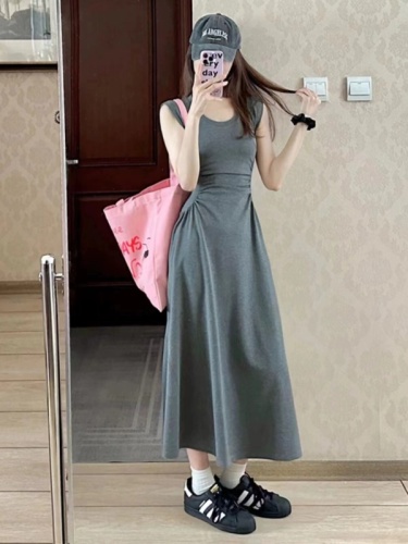 French royal lady small flying sleeve dress women's summer high-end niche design gray pleated waist long skirt