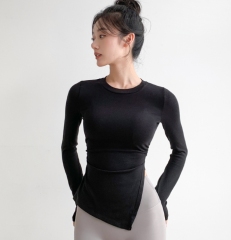 Yoga clothing tops for women, high-end, tight-fitting, slimming, slit sports long-sleeved running training Pilates fitness clothing