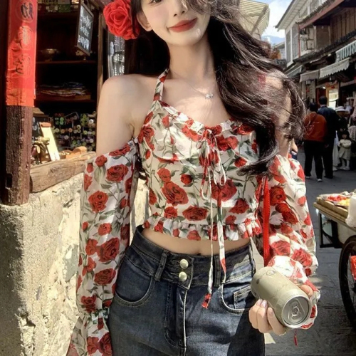 Summer French hot girl temperament sexy v-neck rose floral suspender belt sleeves fashionable versatile slimming top for women