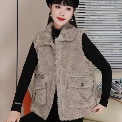 Binyinu high-end slim lamb hair vest for women 2024 autumn and winter new style fur one-piece versatile waistcoat vest trendy