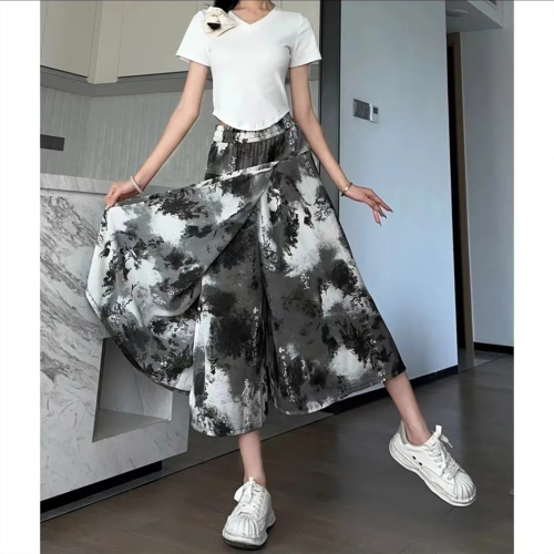 Tie-dyed chiffon culottes for women summer 2024 new thin high-waisted slim printed large skirt national style wide-leg pants