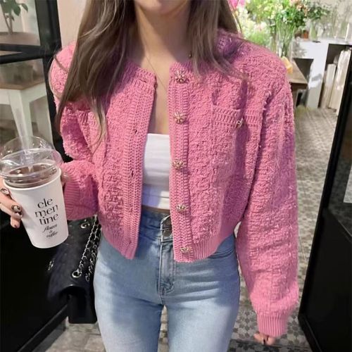 South Korea Dongdaemun Women's Clothing 2024 Autumn New Crocheted Round Neck Single-Breasted Long-Sleeved Sweater Small Fragrance Style Women