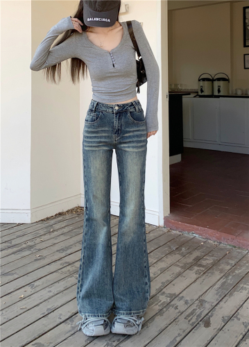 Real shot!  Korean all-match washed jeans for women, high-waisted and slim, American high street retro boot-cut pants, trendy