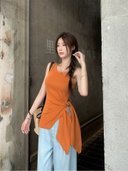 Actual shot ~ Korean style irregular side slit lace-up bow pure desire slimming knitted vest