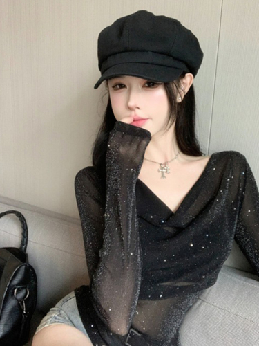 Original fabric Hot girl sexy swing collar long-sleeved T-shirt women's new pure desire slimming micro-transparent fine glitter bottoming top