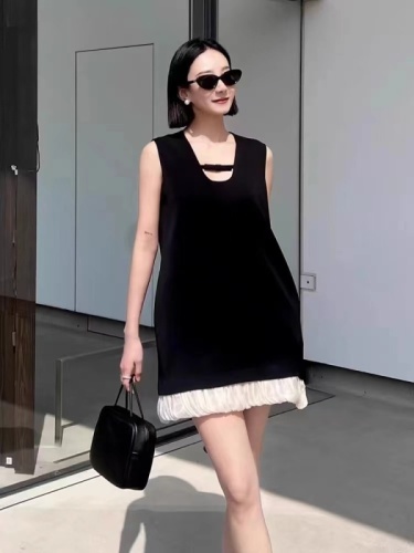 2024 summer new style French high-end hem soft gauze stitching sleeveless A-line vest dress for women