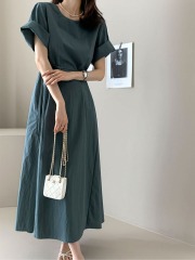 Korean chic minimalist niche temperament round neck lace-up waist slimming mid-length short-sleeved dress for women