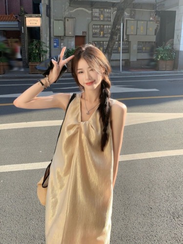 Actual shot~ Knotted design gilded ice plum acetate texture Tencel vest dress women's French long skirt