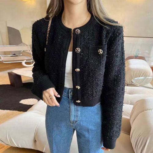 South Korea Dongdaemun Women's Clothing 2024 Autumn New Crocheted Round Neck Single-Breasted Long-Sleeved Sweater Small Fragrance Style Women