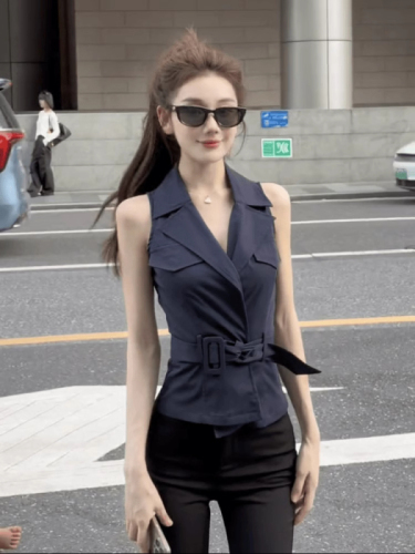 Khaki lapel belt short top for women summer retro hot girl design slim vest