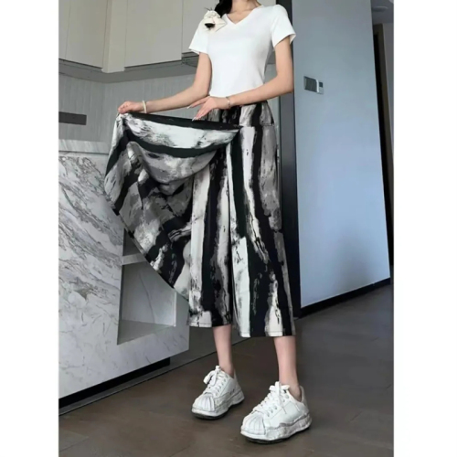 Tie-dyed chiffon culottes for women summer 2024 new thin high-waisted slim printed large skirt national style wide-leg pants